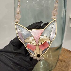 Vintage Lee Sands Mother Of Pearl Inlay Rose Quartz Beaded Fox Necklace